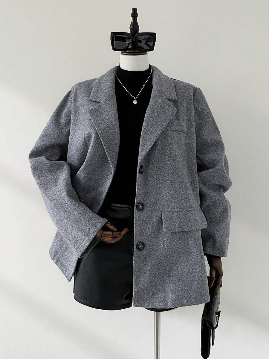 Auralis 大码女装秋冬时尚休闲宽松舒适日常基本款灰色百搭粗花呢西装外套、秋装、冬装、外出装、女式西装外套 - 灰色 - 查看 1