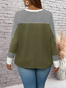 EMERY ROSE Plus Size Women's Casual Loose Striped Batwing Long Sleeve T-Shirt - Army Green - View 3