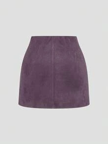 Sweetra Plus Size Pleated Asymmetric Zipper Decor Faux Suede Short Skirt, Minimalist Commuter Style, Autumn/Winter - Purple - View 2