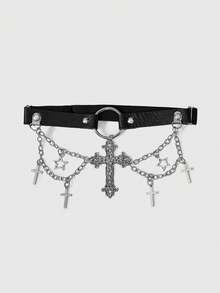 ROMWE Bộ 2 đai garter cho nữ kèm xích đen, họa tiết ngôi sao năm cánh, trang trí chữ thập rỗng, đai garter chân phong cách Gothic dùng cho đầm, váy, đa năng hàng ngày, Halloween - Vòng chân chữ thập màu đen - Xem 6