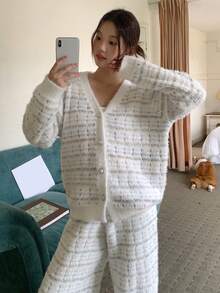 DAZY 格子图案宽松长袖针织上衣和裤子两件套睡衣，女士秋冬保暖舒适睡衣