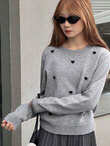 DAZY 少女休闲简约心形图案宽松圆领毛衣，秋冬