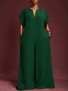 Veslaya 2025年新款复古优雅巧克力色V领短袖阔腿连体裤，大码女装，夏季 - 墨綠色 - 查看 3