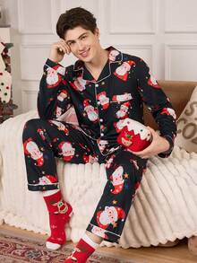CoupledUp Jultomten Tecknat Mönster Slag Långärmad Topp & Byxor Pyjamas Set För Herr, Höst Vinterkläder, Jul - Svart - Visa 5