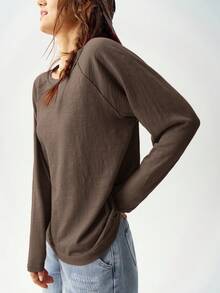 Bohemela 秋季大码休闲纯色圆领插肩袖T恤 - 咖啡棕 - 查看 3