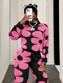 BamGleam Bộ 2 áo len và quần trễ vai họa tiết hoa thường ngày dành cho nữ, Thu/Đông - Màu Hồng Tươi - Xem 6