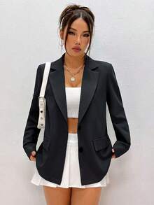 Lunelith SHEIN Lunessa Blazer de manga larga con solapa minimalista y casual de unicolor para mujer