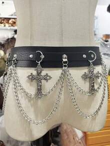 ROMWE Grunge Punk 1 chiếc thắt lưng dây xích nữ, màu đen, một lớp, họa tiết thánh giá, phong cách Gothic, phụ kiện đa năng cho váy, Halloween. - Màu đen chéo hai lớp chuỗi - Xem 9