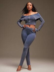 Denimoi Cárdigan corto con hombros caídos y cremallera delantera lavado