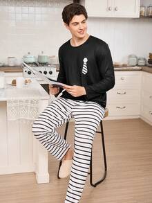 CoupledUp Striped Casual Long Sleeve Top & Pants Men Pajama Set Fall Winter Clothes - Black - View 2