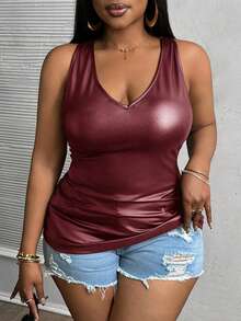 Slaydiva 大码女式紧身深V领褶饰PU背心 - 酒紅色 - 查看 4