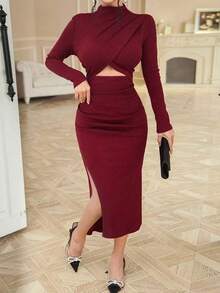 DAZY 女士优雅纯色镂空高领不对称中长连衣裙，秋季红色女士圣诞连衣裙 - 酒紅色 - 查看 7