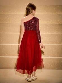 Tween Mädchen-Kleid im eleganten, klassischen Stil, Burgund & Metallic Silber Folie, Langarm, tailliert, luxuriöse doppellagige, weiche Tüll Volant Kleid, Abendkleid - Bordeaux - Übersicht 2