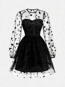 Pitira 少女黑色植绒网眼透视迷你连衣裙，泡泡袖和长袖，防晒下摆连衣裙，休闲，简洁优雅，适合婚礼季节，社交名媛，秋冬季，派对装，日常装，生日装，公主裙，万圣节，圣诞节，春节 - 黑色 - 查看 5