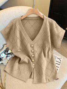 GlowEve CURVE 1pc Women Plus Size Diamond Pattern Gold Button Knit Sweater Top