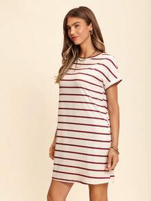 SHEIN LUNE Round Neck Pocket Striped Casual Comfortable Straight Cut Basic Women Dress,Shirt Dresses For Women