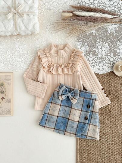 SHEIN Baby Girl Beige Autumn Cute Modest Matching Family Clothing Set,Back To School High Neck Ruffle Long Sleeve Top & Blue Plaid Skirt,6M-3Y Gift Outfit