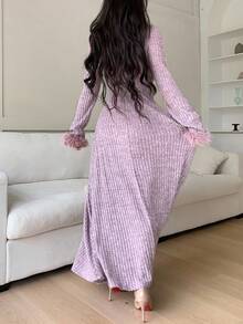 Feyla 女式纯色人造毛皮拼布罗纹长袖连衣裙 - 淡紫色 - 查看 2
