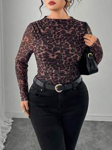Modelyn Women's Leopard Print Elastic Mesh Elegant Versatile Loose Fit Plus Size T-Shirt - Coffee Brown - View 5