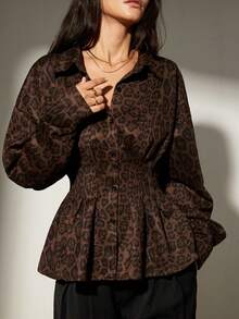 Aveloria Modichic Suede Leopard Print Stylish V-Neck Cinched Waist Shirt - Multicolor - View 6