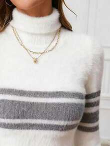 INAWLY Suéter corto de cuello alto de manga larga a rayas para mujer, otoño/invierno - Gris - Ver 4