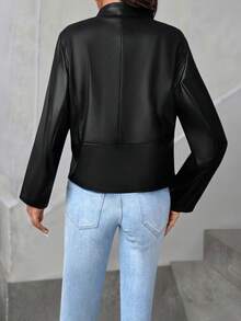 SHEIN Tall Tall Series 街头风格 PU 皮革修身夹克 - 黑色 - 查看 2