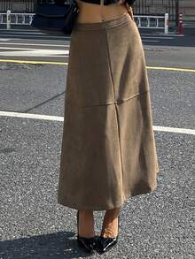 DAZY Falda casual de línea A para mujer con parches de ante, suelta y con estilo, de unicolor, adecuada para otoño e invierno - Verde militar - Ver 5