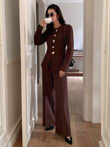 Elyressa 2pcs Women's Elegant Casual Commute French Street Metal Decor Button Apricot Set - Coffee Brown - View 4
