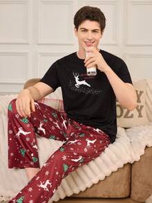 CoupledUp Christmas Reindeer, Christmas Tree & Snowflake Print Short Sleeve Pajama Set For Men - Multicolor - View 4
