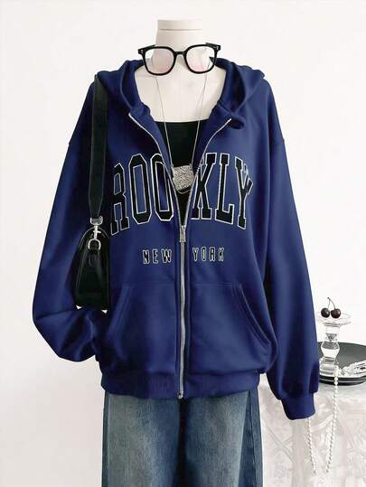 Áo khoác nỉ dáng suông tối giản in chữ, có túi, khóa kéo, dành cho nữ tuổi teen, phong cách đường phố đơn giản, món đồ thiết yếu cho mùa thu/đông.