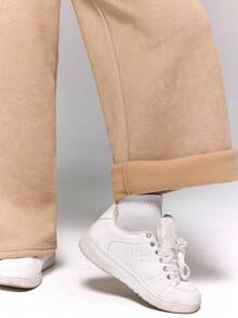 SHEIN Sparklyn Tween 女童休闲百搭街头口袋宽松阔腿松紧腰洗水雪地羊毛运动裤