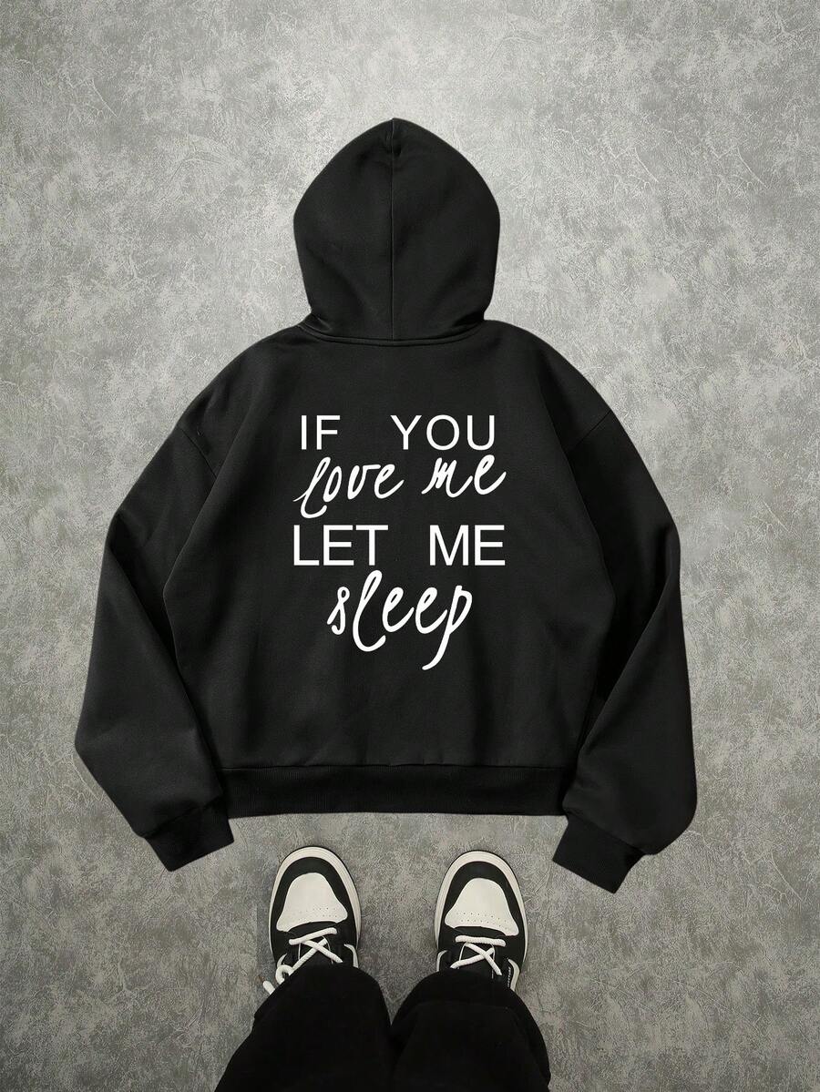 Manfinity ZONE917 Men Streetwear "LET ME SLEEP" Slogan Graphic Loose Fit Cropped Hoodie, Fall/Winter - Black - View 1