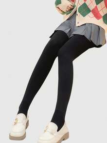 ROMWE Goth 1 Pair Of Velvet Warm Black Pantyhose + 1 Pair Of Black Plush Socks, Y2K Style Solid Color Bottom Socks, Socks Cover Stacking Combination Set, Elastic Versatile And Tight Combination Set - Multicolor - View 3