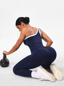 Seamluxe SHEIN Sport Nahtloser, sexy, asymmetrischer, schulterfreier, ärmelloser Lifting-Yoga-Jumpsuit, einteiliger Workout-Jumpsuit, nahtloser Workout-Jumpsuit, marineblauer Workout-Jumpsuit, nahtloser Yoga-Jumpsuit, Workout-Bodysuit, Gym-Jumpsuits