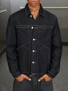 Manfinity EMRG 男士深蓝色牛仔夹克，休闲修身款 - 深色水洗藍 - 查看 6