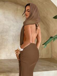 Aloruh Robe maille tricotée sans manches, décolleté plongeant sexy avec col drapé profond, couleur marron café