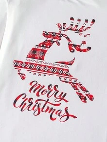青少年男孩圣诞卡通鹿印花长袖上衣 + 卡通鹿格子长款舒适睡衣 - 白色 - 查看 6