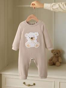 Souflis Souflis French Retro Cute Bear Pattern Beige Long Sleeve Jumpsuit, Suitable For Home, Outings, And Various Occasions, Unisex Baby Jumpsuit, Autumn/Winter Baby Jumpsuit Bear Mocha Baby Clothes - Apricot - View 2