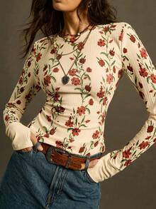 SoleilVie 春夏新款印花圆领休闲百搭长袖T恤，复古风，通勤百搭，柔软亲肤面料，适合户外穿着，新款女士T恤，情人节图案 - 杏色 - 查看 1