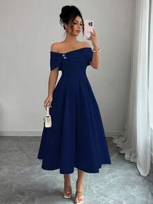 Elenzga Đầm midi xòe tay ngắn hở vai đính đá thời trang dành cho nữ - Màu xanh hải quân - Xem 4