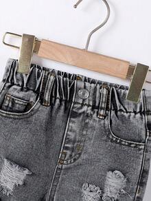 SHEIN Pantalones de mezclilla negros desgastados para bebé niño, pantalones casuales sueltos de estilo coreano - Gris - Ver 3