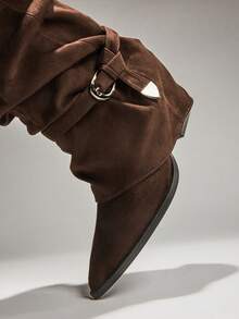 SHUZIA Damskie, seksowne, olśniewające, szpiczaste buty na klockowym obcasie do kolan - Czekoladowy brązowy - Zobacz 7