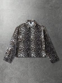 ROMWE MEN Street Life Unisex Street Style Leopard Print Textured Jacket, Grunge, Fall - Green - View 4