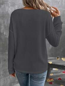SHEIN LUNE Maglietta da donna a maniche corte, con scollo a V, in tessuto colorato e comodo, con inserti in pizzo, adatta per l'autunno - Grigio Scuro - Visualizzare 2