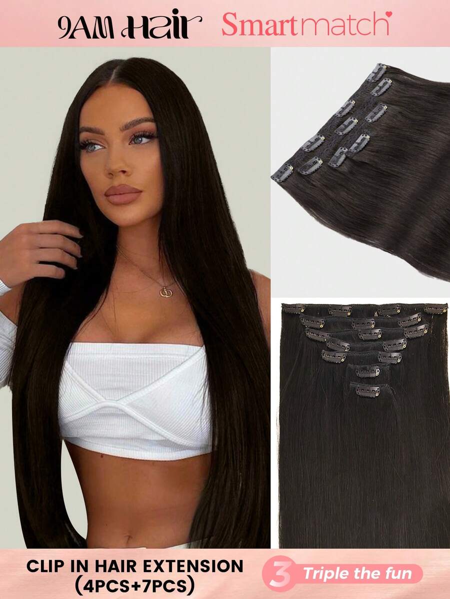 SMART&MATCH Clip In Hair Extensions Real Human Hair, Remy Human Hair Extensions Clip Ins For Women, Natural Human Hair, 14-20 Inch 2 Packs (4pcs+7pcs) - S1B - View 1