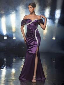 Glamrae Purple Luxurious Satin One-Shoulder Drop Sleeves Fishtail Dress,Elegant Hand-Stitched Floral Decoration Slit Pleated Formal Party Dinner Gown - Dark Purple - View 1