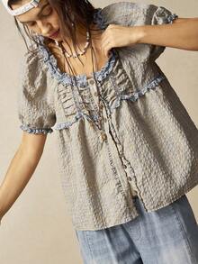 Bohemela Blusa holgada de manga corta con cuello en V, de estilo casual tejido a cuadros para mujeres - Multicolor - Ver 5