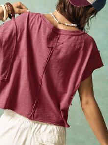 Bohemela Áo thun nữ cổ tròn dệt kim màu trơn rộng rãi phong cách Boho cỡ lớn đã giặt - Đỏ - Xem 2