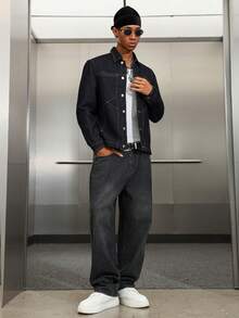 Manfinity EMRG 男士深蓝色牛仔夹克，休闲修身款 - 深色水洗藍 - 查看 5