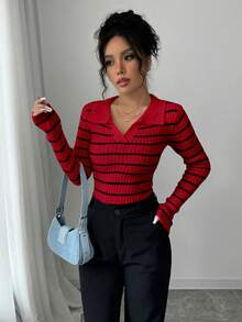 Elenzga Suéter casual de punto acanalado con patrón acanalado - Rojo - Ver 5